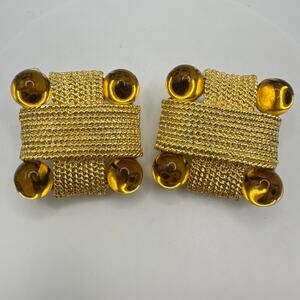 1980s vintage large gold tone yellow lucite cabochons ropes clip on earrings